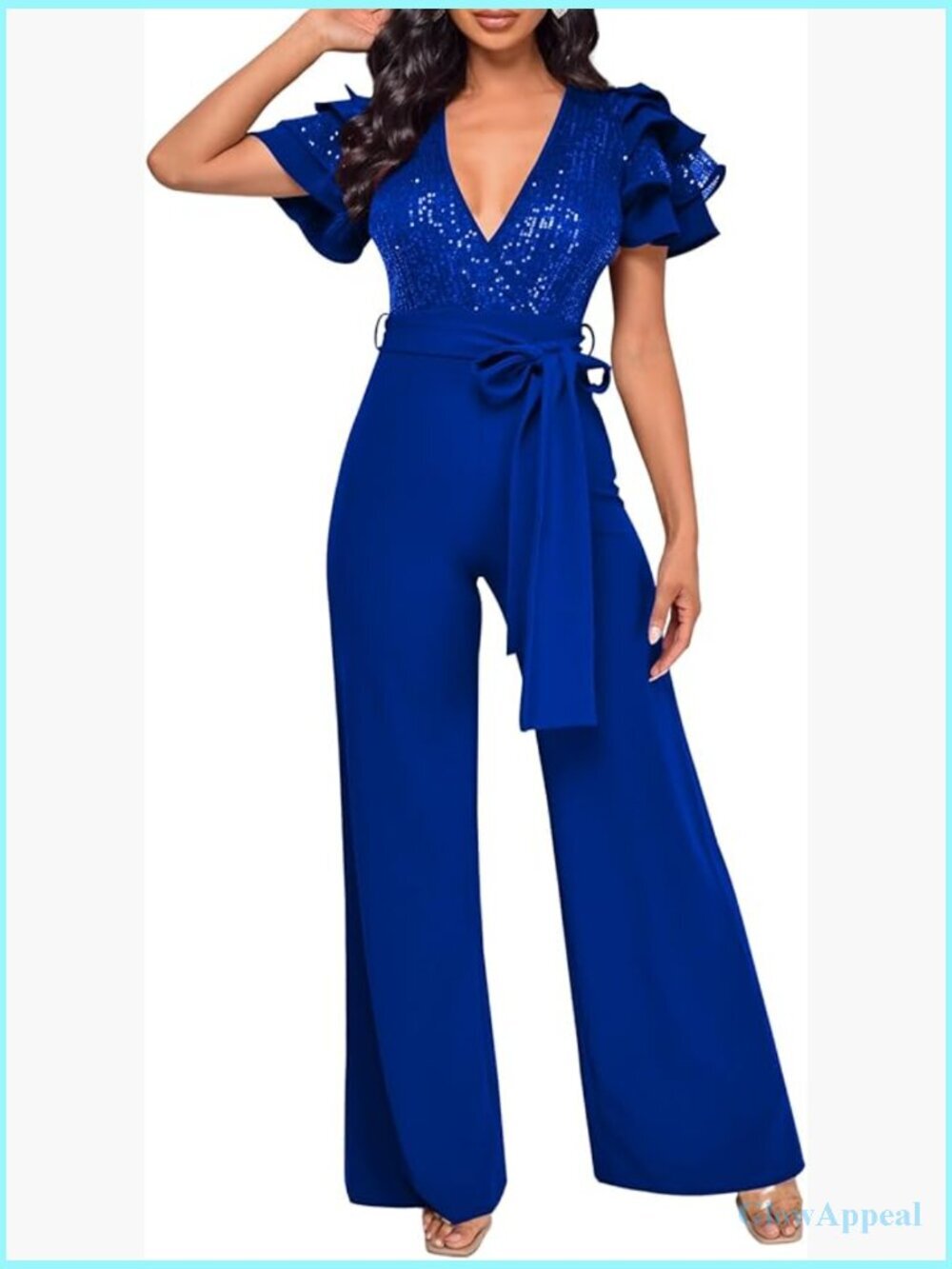 Sequined V-Neck Wide Leg Jumpsuit with Ruffled Sleeves and Pockets